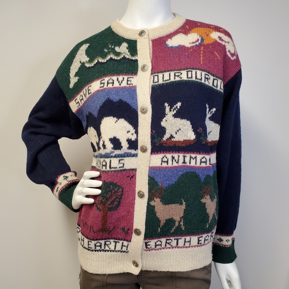 90s WOOLRICH Save Our Animals/Earth Wool Cardigan - Picture 1 of 7